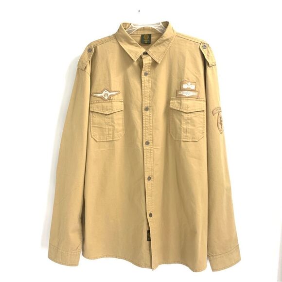 LD KASILD  Size 5 XL  Button Front L/S Mustard Yellow Military Patch Shirt - Picture 1 of 9